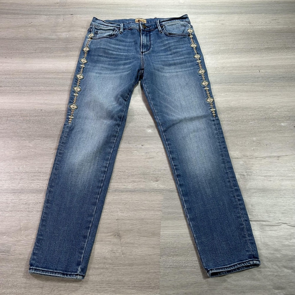 Driftwood Jackie Crop Jeans Womens 27 Blue Classic Fit Embroidered Sides